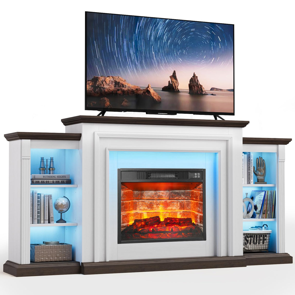 72" LED Electric Fireplace with Mantel, Fireplace TV Stand for 80 Inch TV, Entertainment Center with 23'' Red Brick Fireplace, Delicate Three-Dimensional Molding with Remote Control for Living Room BOSHIRO