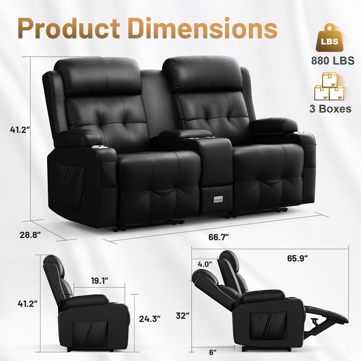 Loveseat Recliner Sofa, Home Theater Seating Massage Reclining Couch with USB, Center Console, Wall Hugger RV Recliners, 145° Adjustable Recline & Cup Holders & Side Pockets,for RV & Movie Room TOMOSLTER