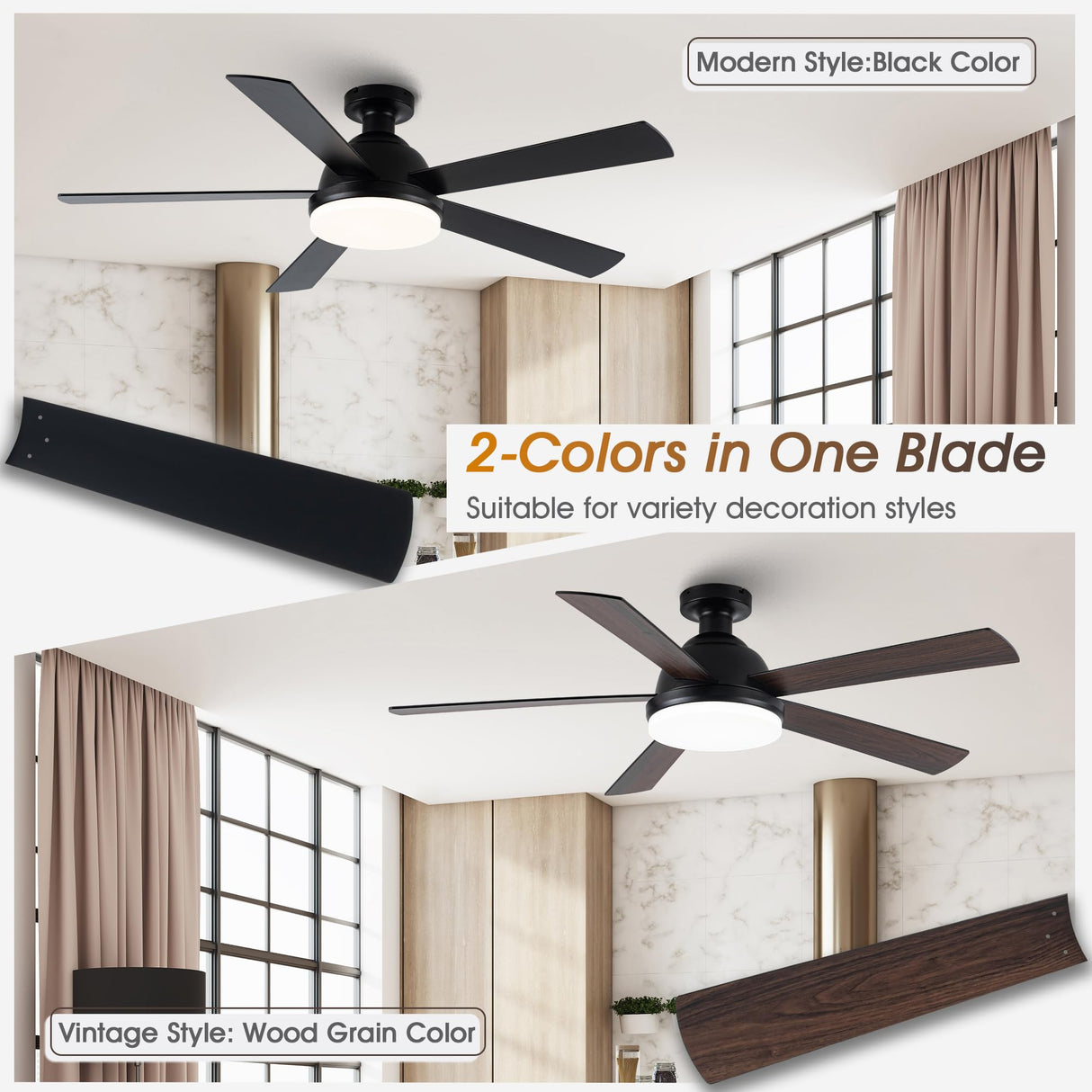 ELEVARAWOOD Black Ceiling Fan with Light, 52 Inch Outdoor Ceiling Fans with Lights and Remote, Modern Indoor Bedroom Ceiling Fan Noiseless, Reversible Blades, DC Motor ELEVARAWOOD