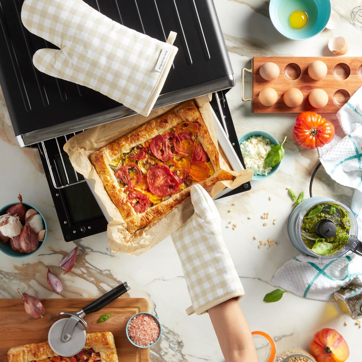 KitchenAid Gingham Oven Mitt 2-Pack Set, Milkshake, 7"x13" KitchenAid