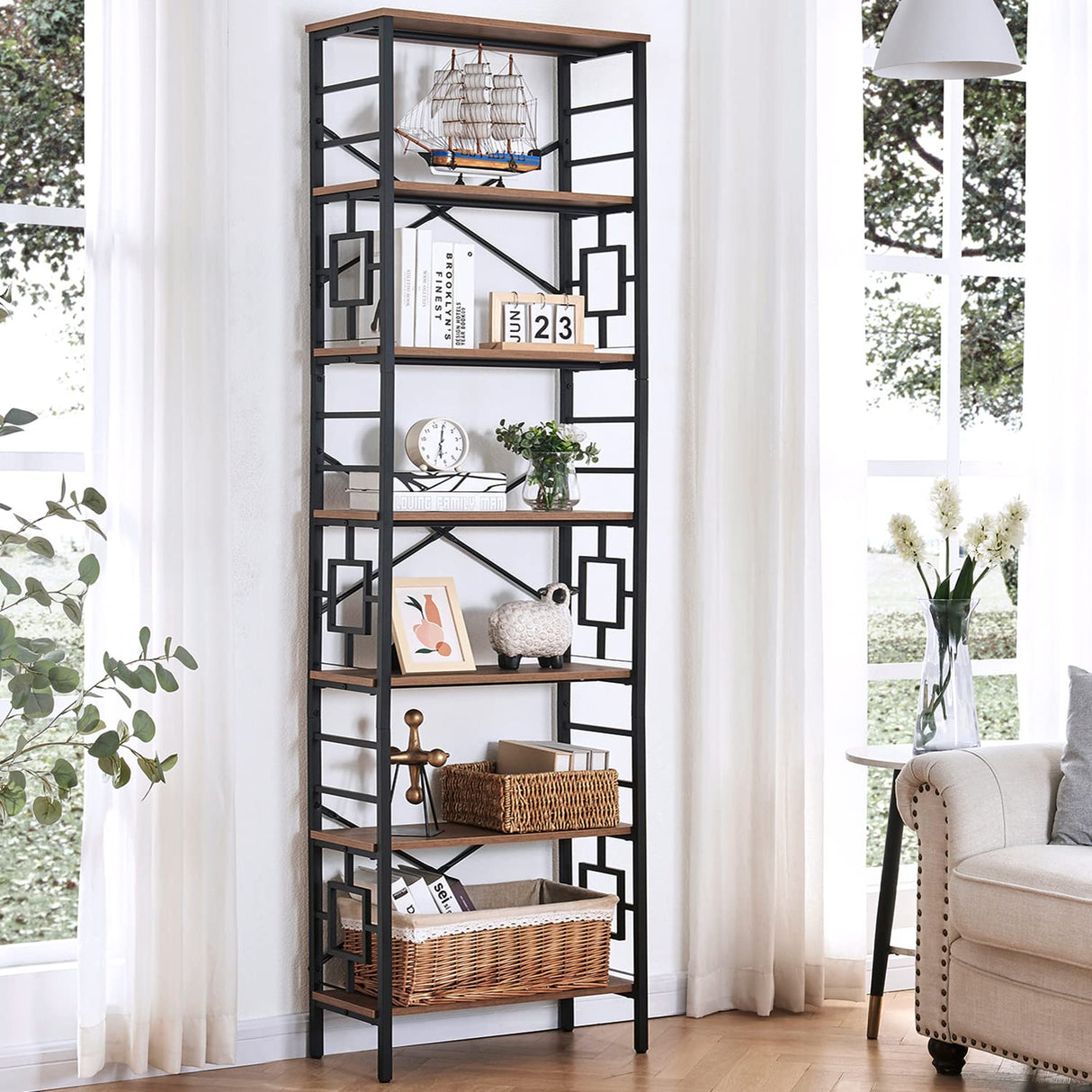 HOMISSUE Industrial 7-Tier Tall Bookshelf in Rustic Brown with Unique Design HOMISSUE