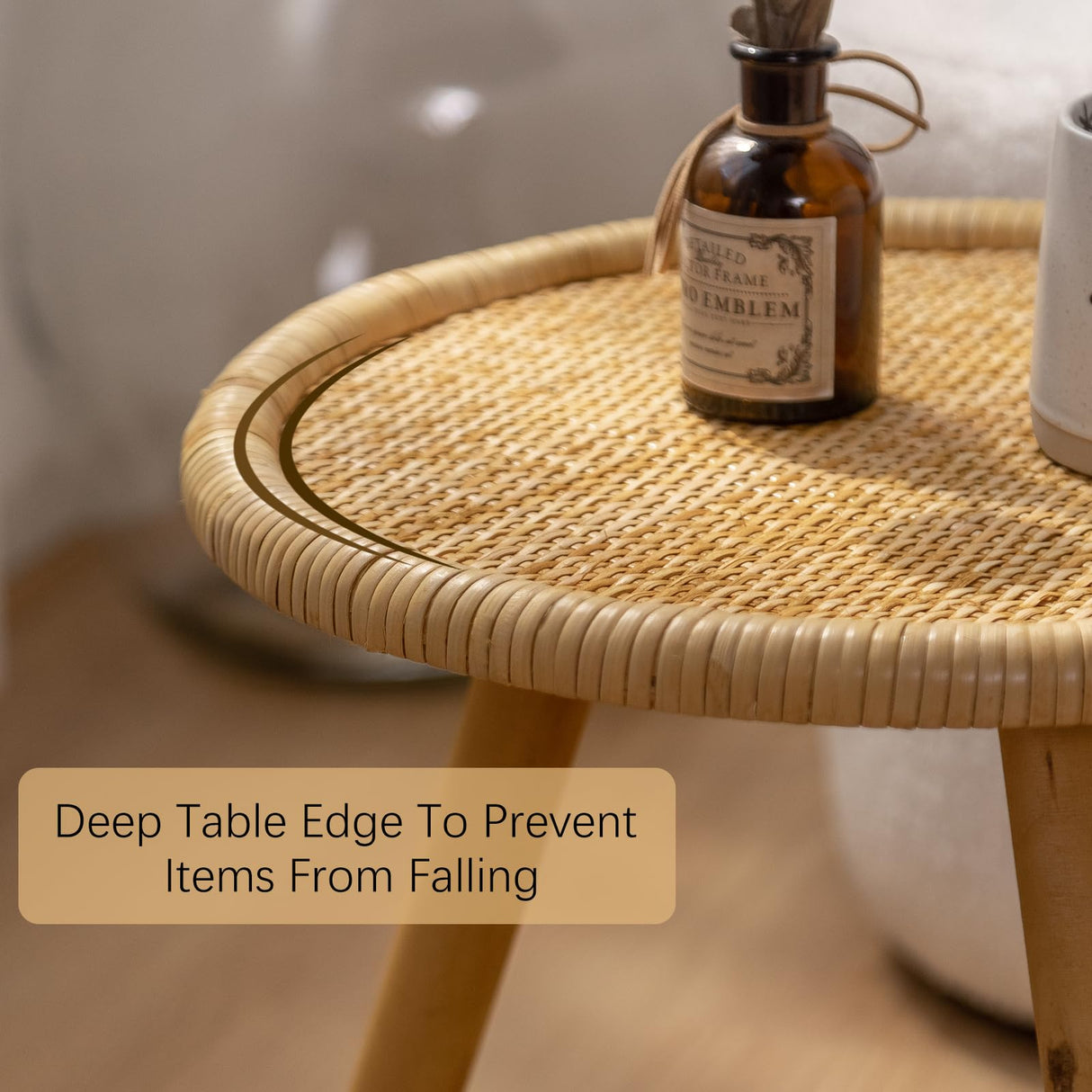 HuiDao Rattan Round Coffee Table, Boho Circle Side Table End Table for Living Room, Small Mid Century Accent Table for Bedroom Balcony HuiDao