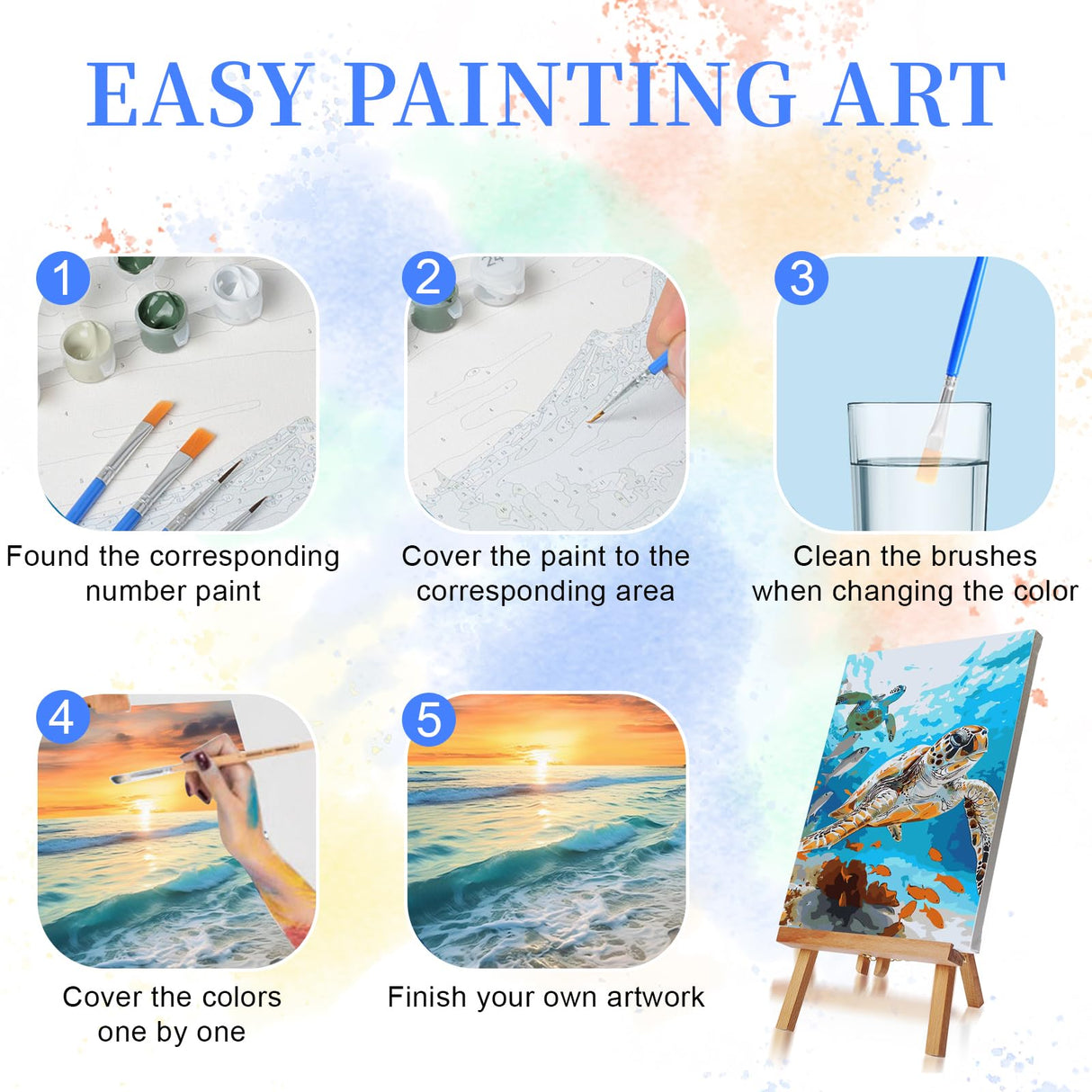 Ninonly Paint by Numbers Kit for Adults Framed Canvas 12x16 Inch, 4 Pack Beach Sea Turtle Paint by Number Arts Crafts for Adults Beginner with Wooden Easel, Painting Brushes, Acrylic Painting Ninonly