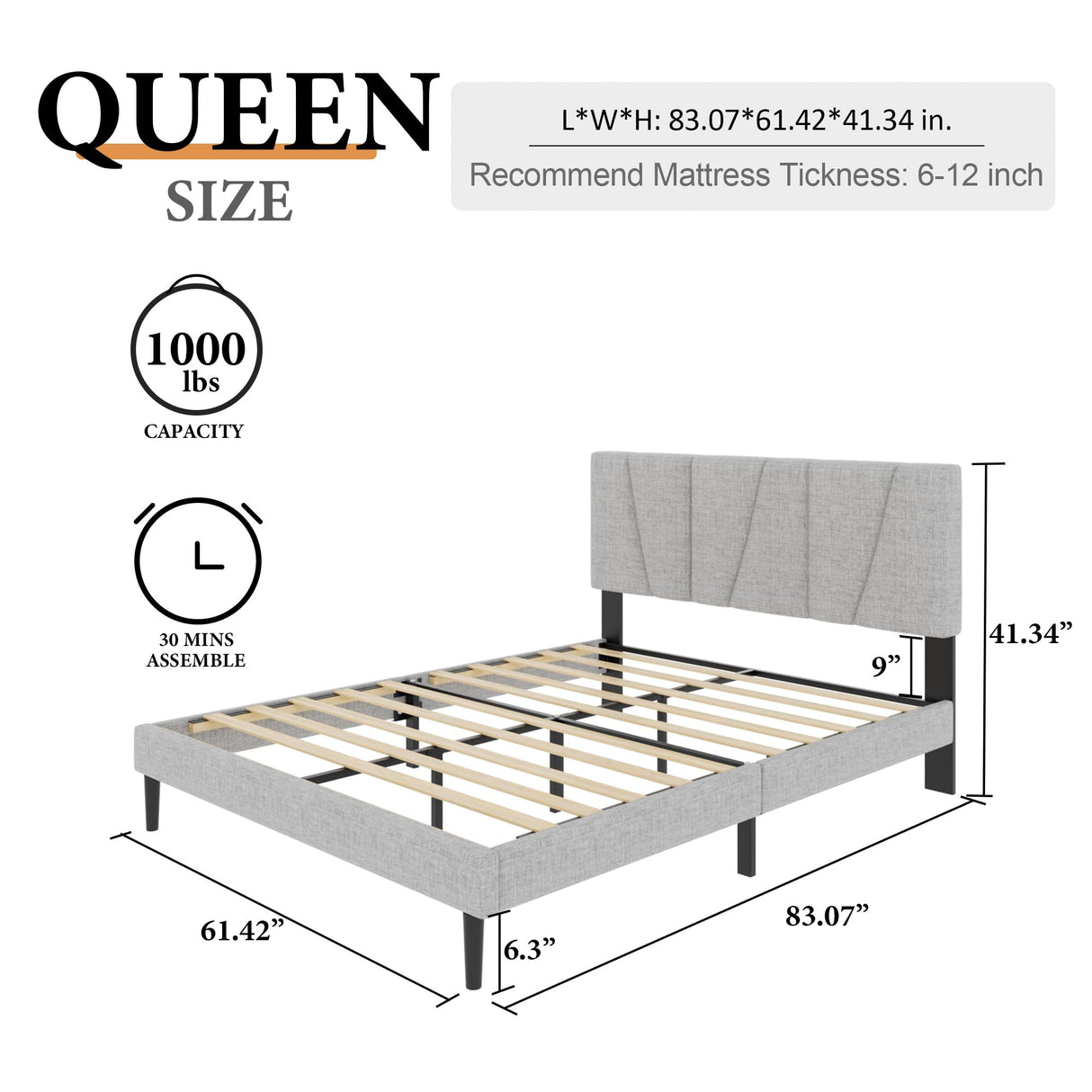 Queen Size Platform Bed Frame with Upholstered Headboard, Wooden Slats Support, Noise Free, No Box Spring Needed, Easy Assembly, Light Grey, Linen Sismplly