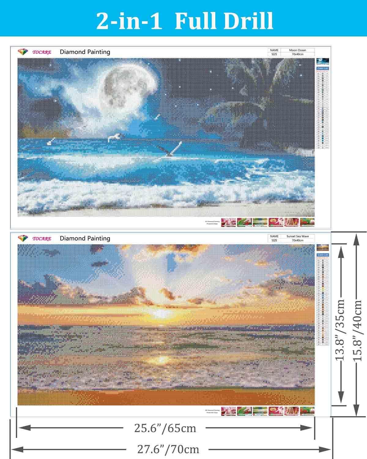TOCARE 2 Pack Diamond Painting Kits Moon Sea, Large Diamond Art Kits for Adults Sunset Beach,5D Full Drill Diamond Dots Kits 16x28inch Home Wall Decor TOCARE