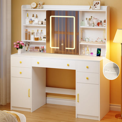 HUAHUU Vanity Desk with LED Lights & Sliding Mirror, Makeup Vanity with Lights, Power Outlet, White Vanity Desk with 5 Drawers & 2 Cabinets, 6 Storage Shelves for Bedroom