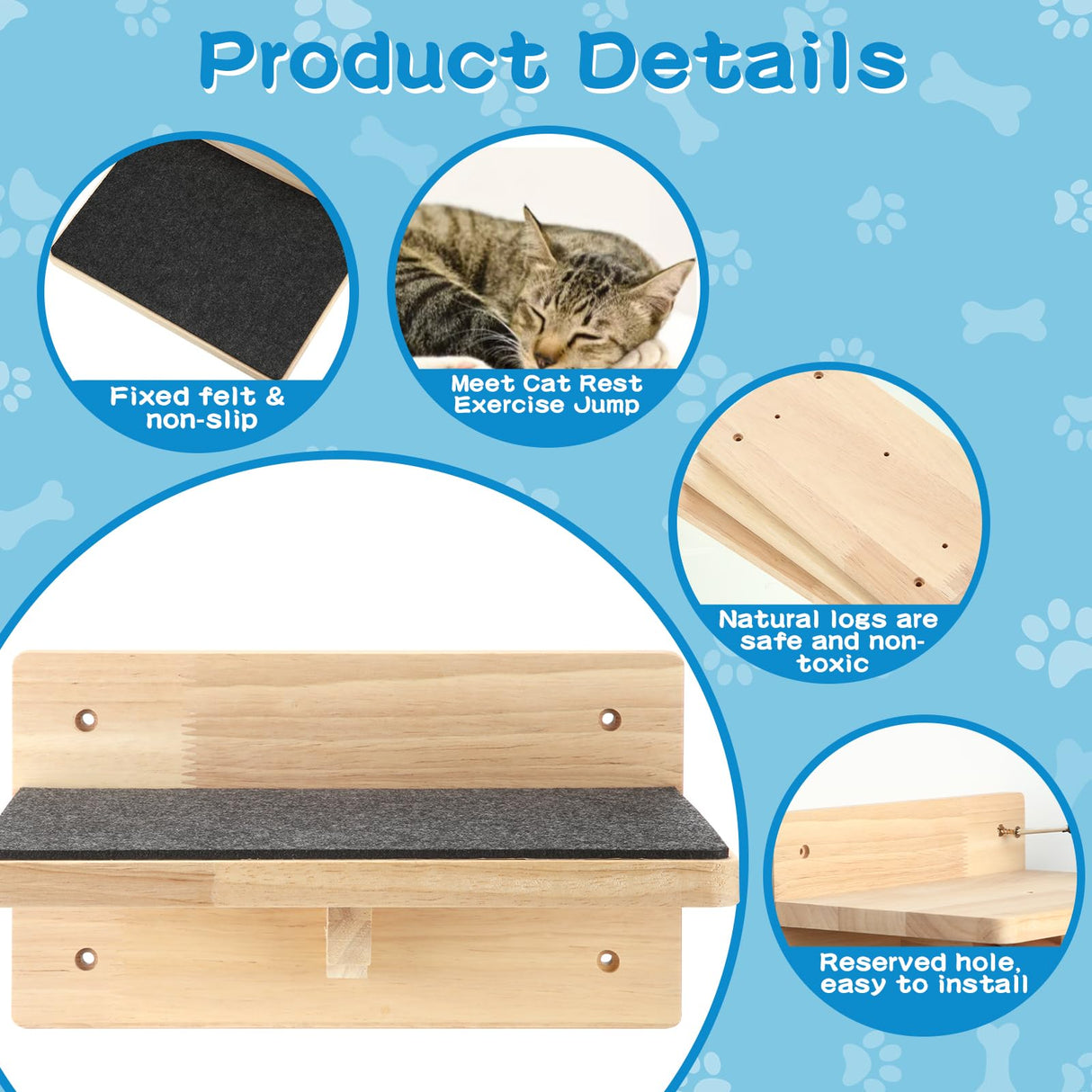 Lenwen Set of 6 Cat Wall Steps Shelf Shelves Wood Cat Climbing Shelves for Cat Mounted Furniture Cat Wall Bed Wood Cat Stairs with Non Slip Felt for Springboard Playing(Classic) Lenwen