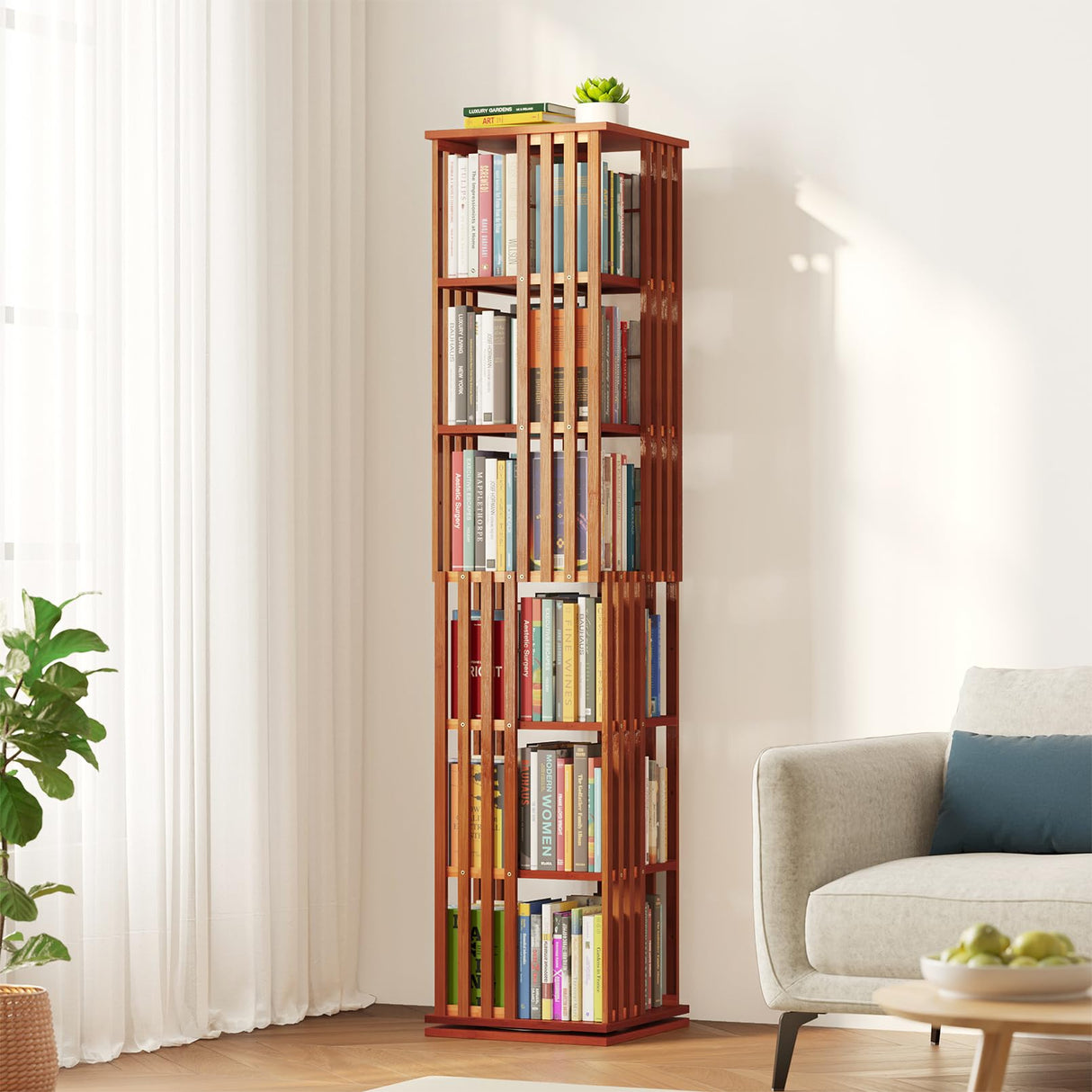 SpaceAid 6 Tier Rotating Bookshelf Tower, Bamboo Spinning Book Shelf, Revolving 360 Bookcase Storage Swivel Round Carousel, Vertical Rotate Turning Spiral Corner Organizer (6-Tier Walnut) SpaceAid