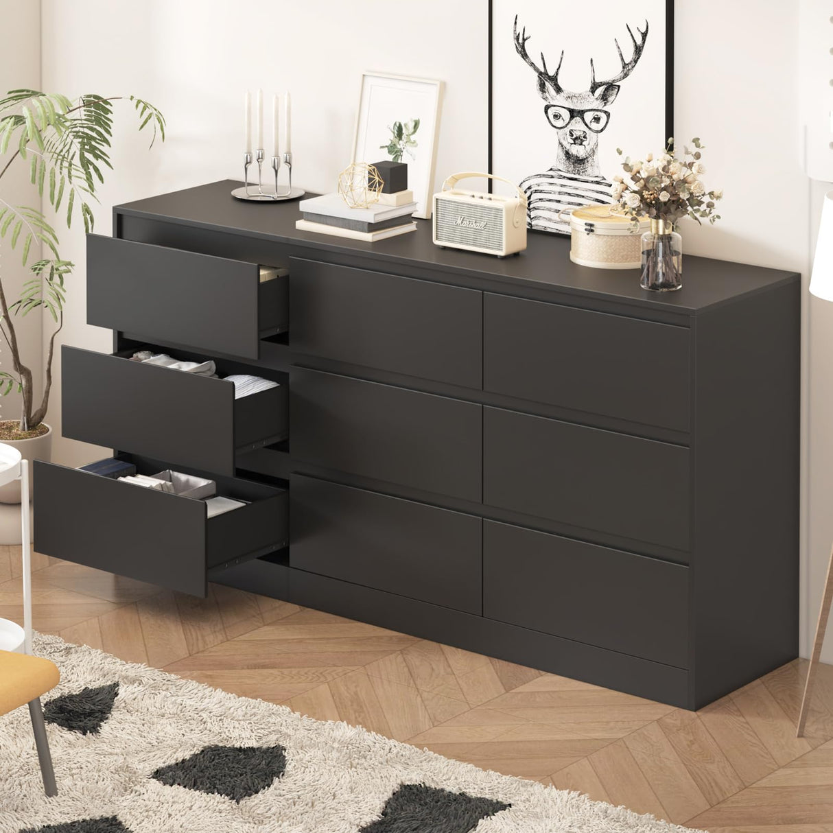 Greenvelly Black 9 Drawer Dresser, Modern Long 9 Drawer Dresser, Wood Dresser with 9 Large Drawers for Bedroom, Wooden Dressers & Chests of Drawers with Smooth Metal Rail for Nursery, Women, Family Greenvelly