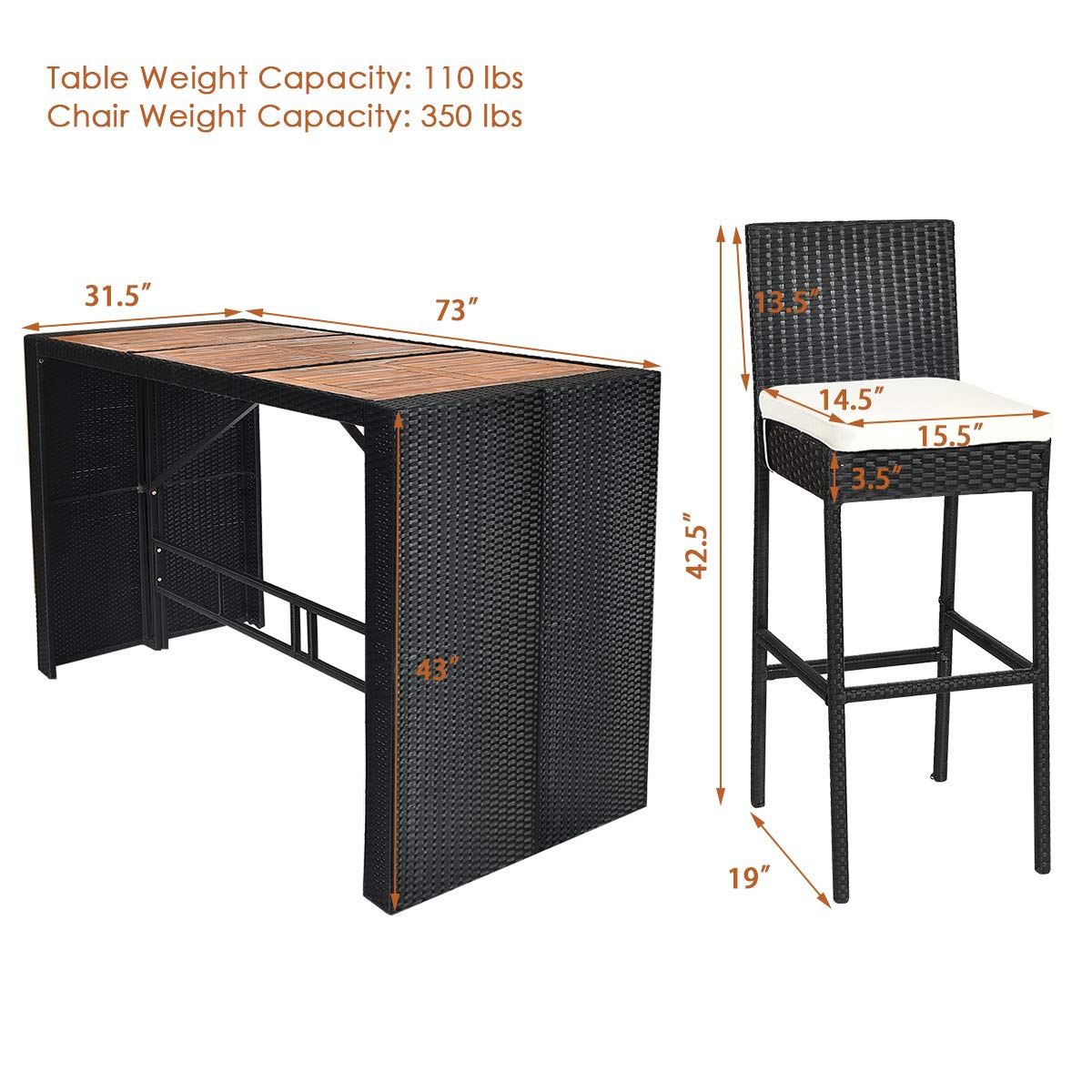 Tangkula 7-Piece Black Outdoor Wicker Dining Set with Acacia Wood Table and Removable Cushions Tangkula