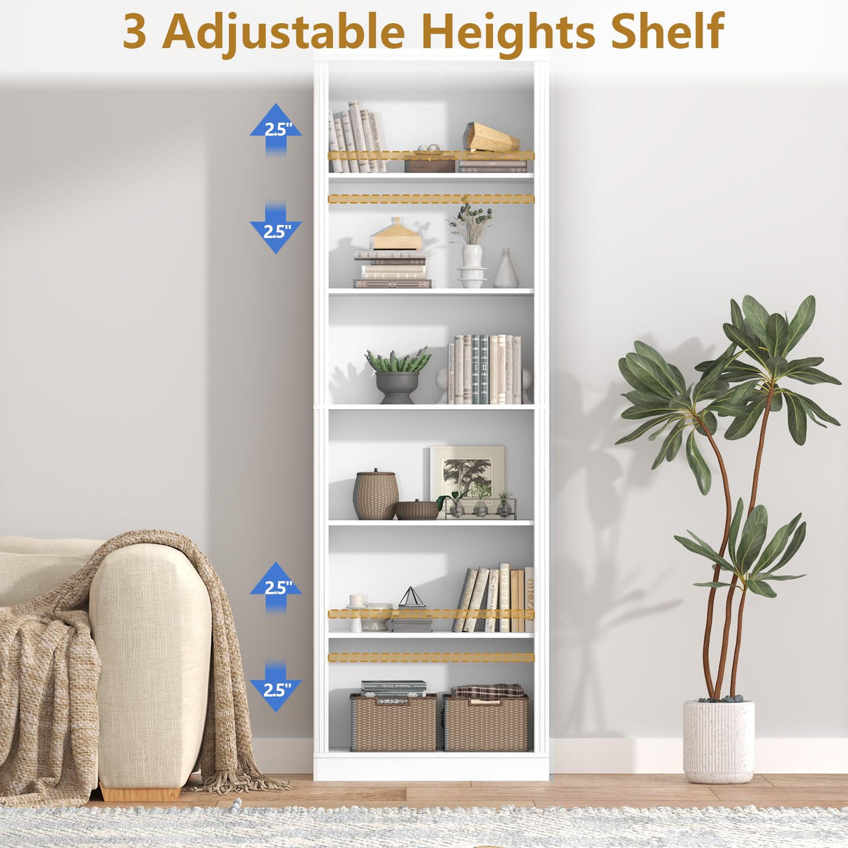 Thacuok 75" Tall Bookshelf & Bookcase, 6-Tier Adjustable Storage Shelves, Book Shelf with Anti-Tipping Device, Floor Standing Modern Display Rack for Living Room, Bedroom, Office, White Thacuok