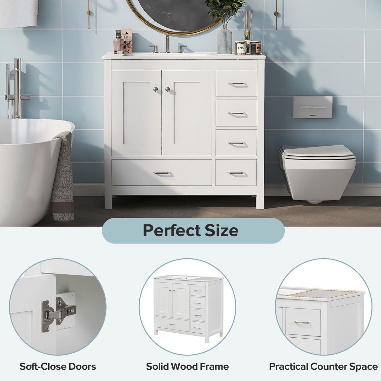 Harper & Bright Designs 36" Bathroom Vanity with Sink, Free Standing Single Basin Vanity Set with Two Doors and 5 Drawers, Solid Wood Bathroom Cabinet with Ceramic Basin for Bathroom, White Harper & Bright Designs