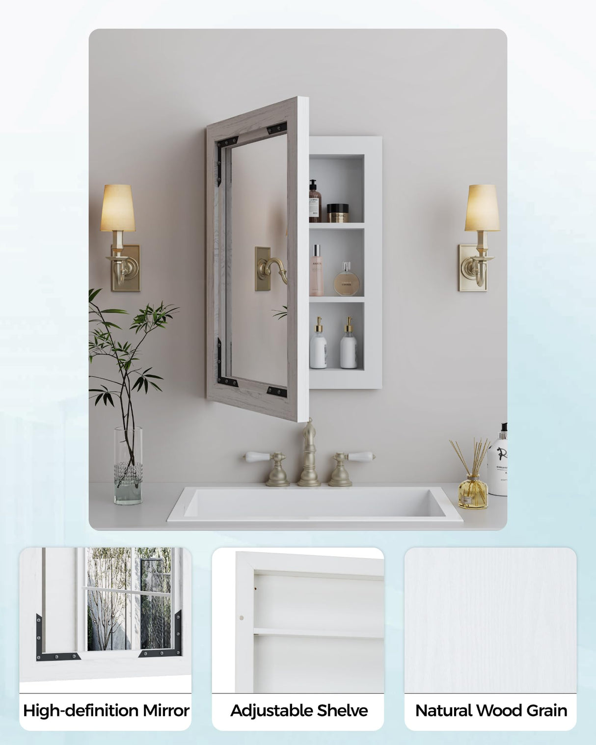 FLYJOE Medicine Cabinet Mirror 16 x 24 Inch Farmhouse Bathroom Mirror Door Paulownia Wood Storage Cabinet with Adjustable Shelves, Wall Mounted for Bathroom Living Room, White FLYJOE