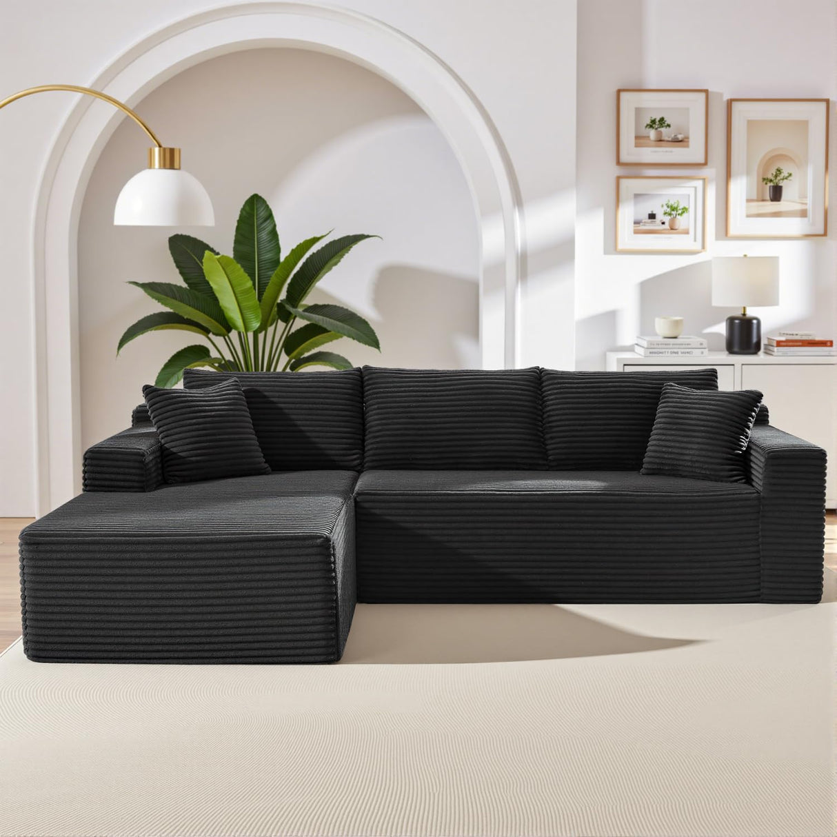 105 Inch Cloud Sectional Couch,Modern Modular Sectional Sofa with Deep Seat,Corduroy Boneless Couches with L-Shape Chaise for Living Room Bedroom,No Assembly Required (Black, Left Facing Chaise) HANXIN