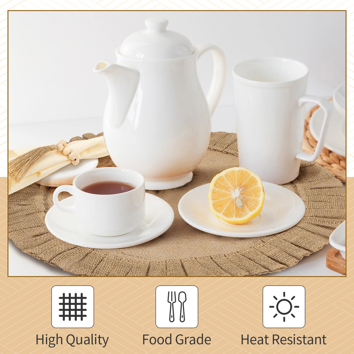 Gejoy Round Burlap Placemats Wood Bead Napkin Rings with Dinner Napkins Cloth, Jute Heat Resistant Placemats Boho Wooden Rings for Plates Wedding Dining Table(18 Pcs) Gejoy