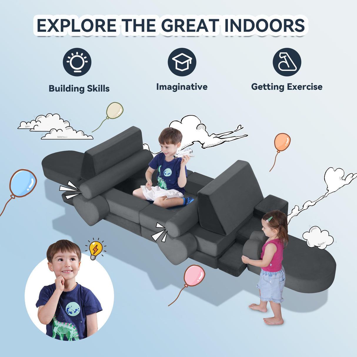 Modular Play Couch for Kids Toddler - 14PCS Kids Sofa to Boost Creativity, Boys and Girls DIY Creativing Playroom Couch for Playroom Bedroom Nursery CoziBB