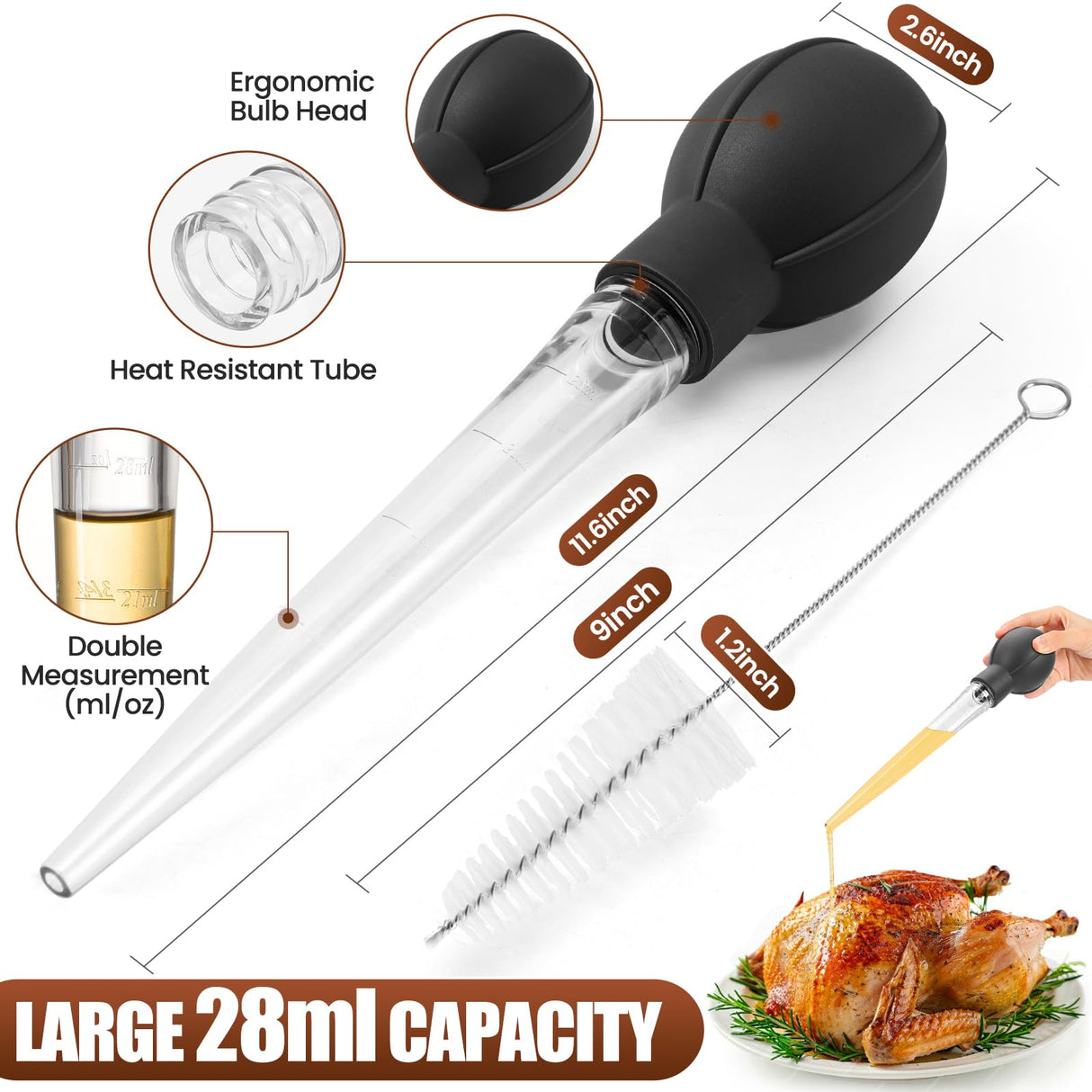 OLESBUR Premium Turkey Basters for Cooking – Baster Syringe for Hot Liquids – Meat and Food Injector – Essential Thanksgiving Cooking Tool – Turkey Baster Large with Cleaning Brush(Black) OLESBUR