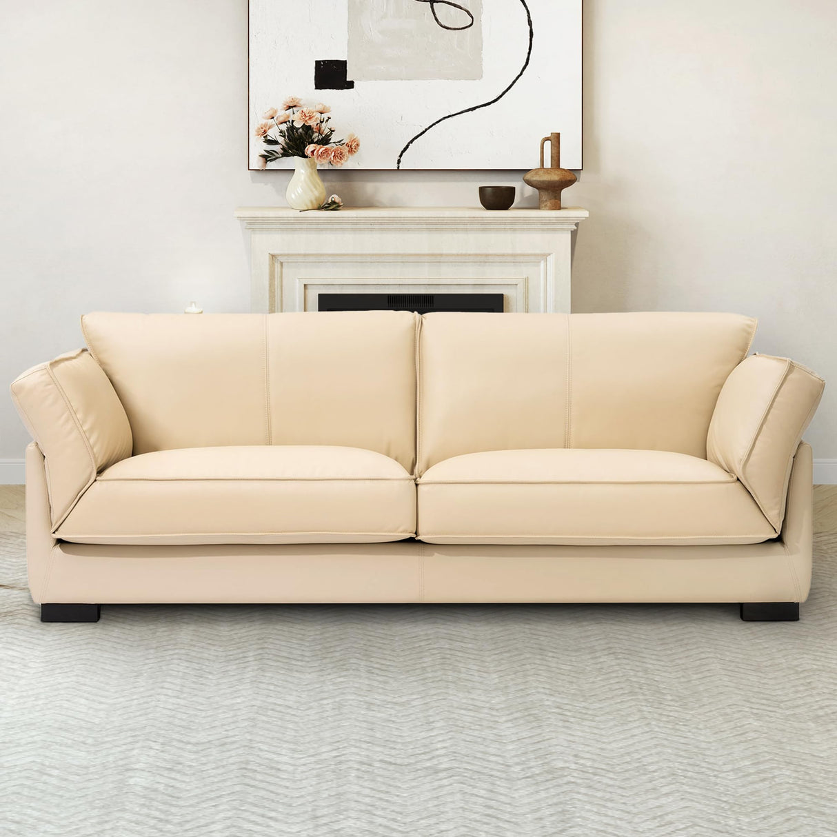 Olodumare 87’’ Genuine Leather Sofa for Living Room, Luxurious Top-Grain Leather Comfy Couch with Overstuffed Cushions, Mid-Century Modern Feather Filled Cushions Furniture, Cream Beige Olodumare