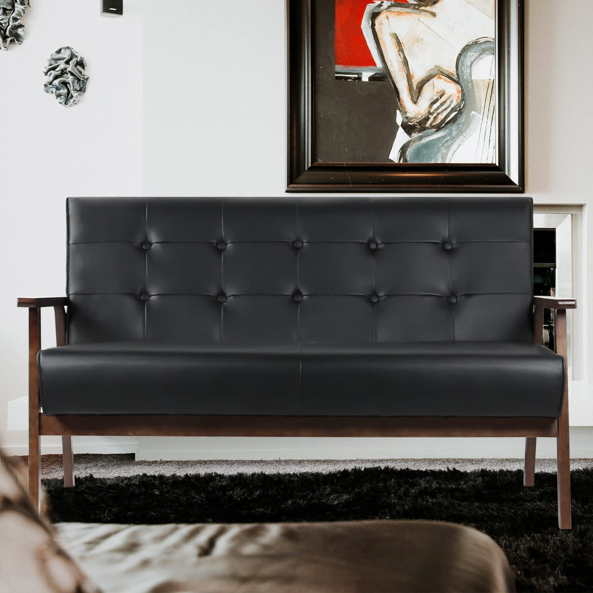 AODAILIHB Leather Sofa Couch Set 2 Accent Chairs & 1Loveseat Black Faux Leather Loveseats Mid Century Modern Office Couch for Small Space Waiting Room Living Room Furniture (3, Black) AODAILIHB