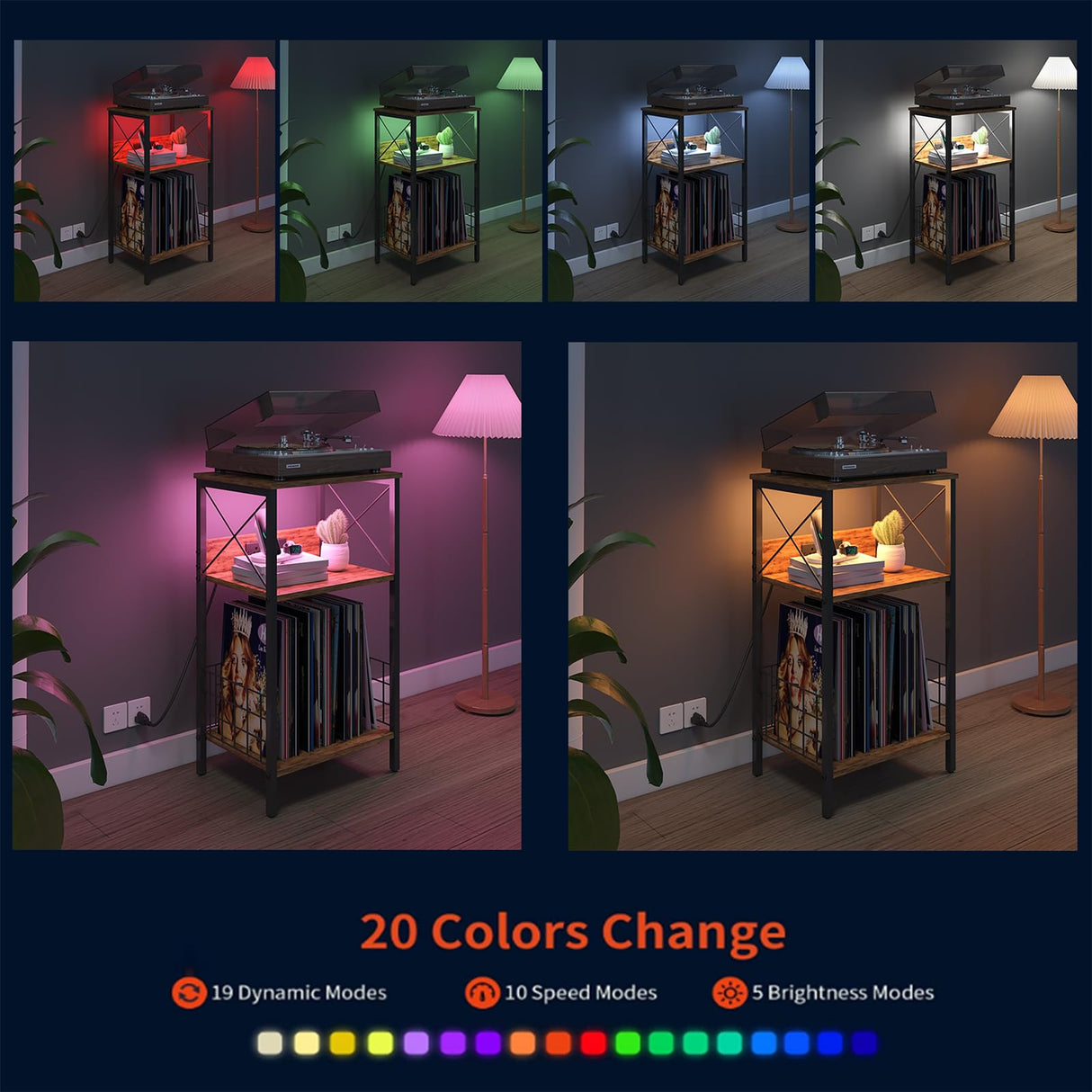 3 Tiers End Table with Charging Station, LED Side Table Turntable Stands for Vinyl Storage, Records Shelf for Albums, Vinyl Shelf Record Player Table for Living Room, Bedroom Rustic Brown WoodArtSupply