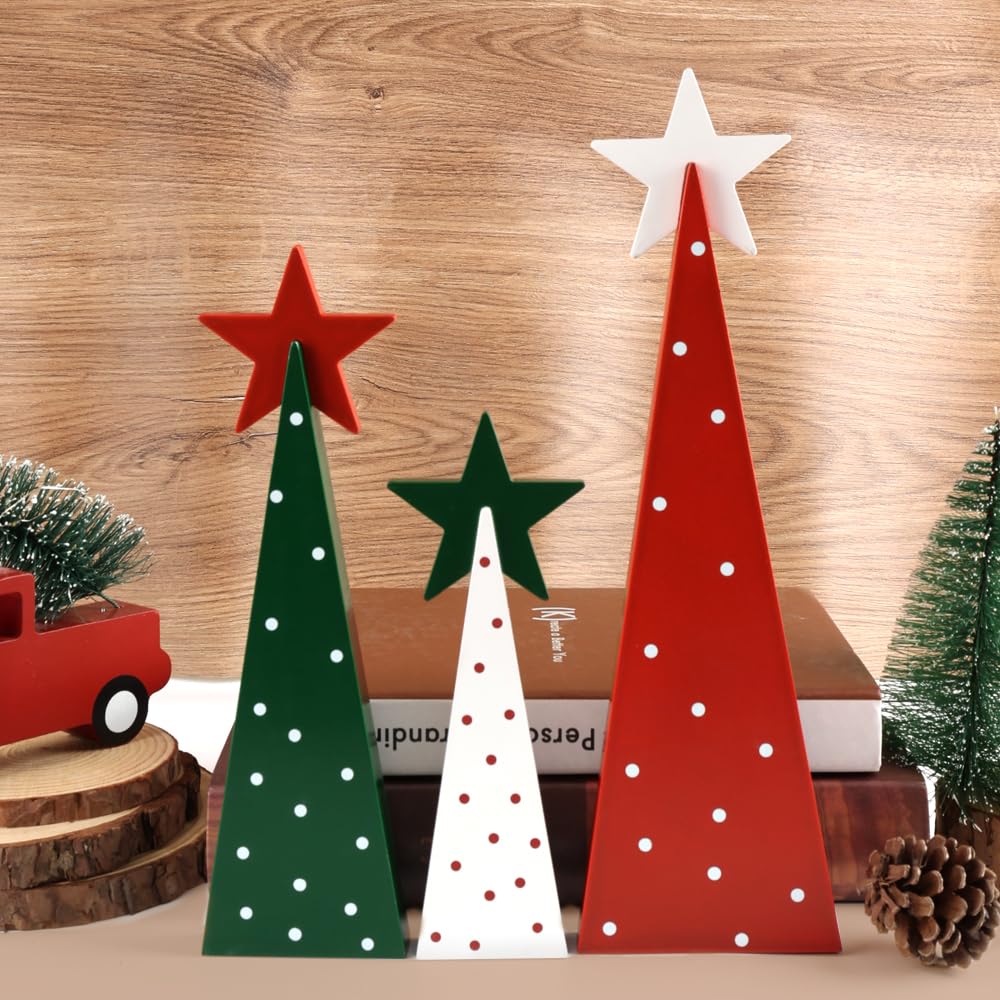 Christmas Decorations Indoor, Christmas Decor - 3 PCS Wooden Xmas Tree Signs with Stars for Home, Table, Fireplace Mantel, Shelf, Office Desk, Party Decor - Xmas Holiday Decorations AKEROCK