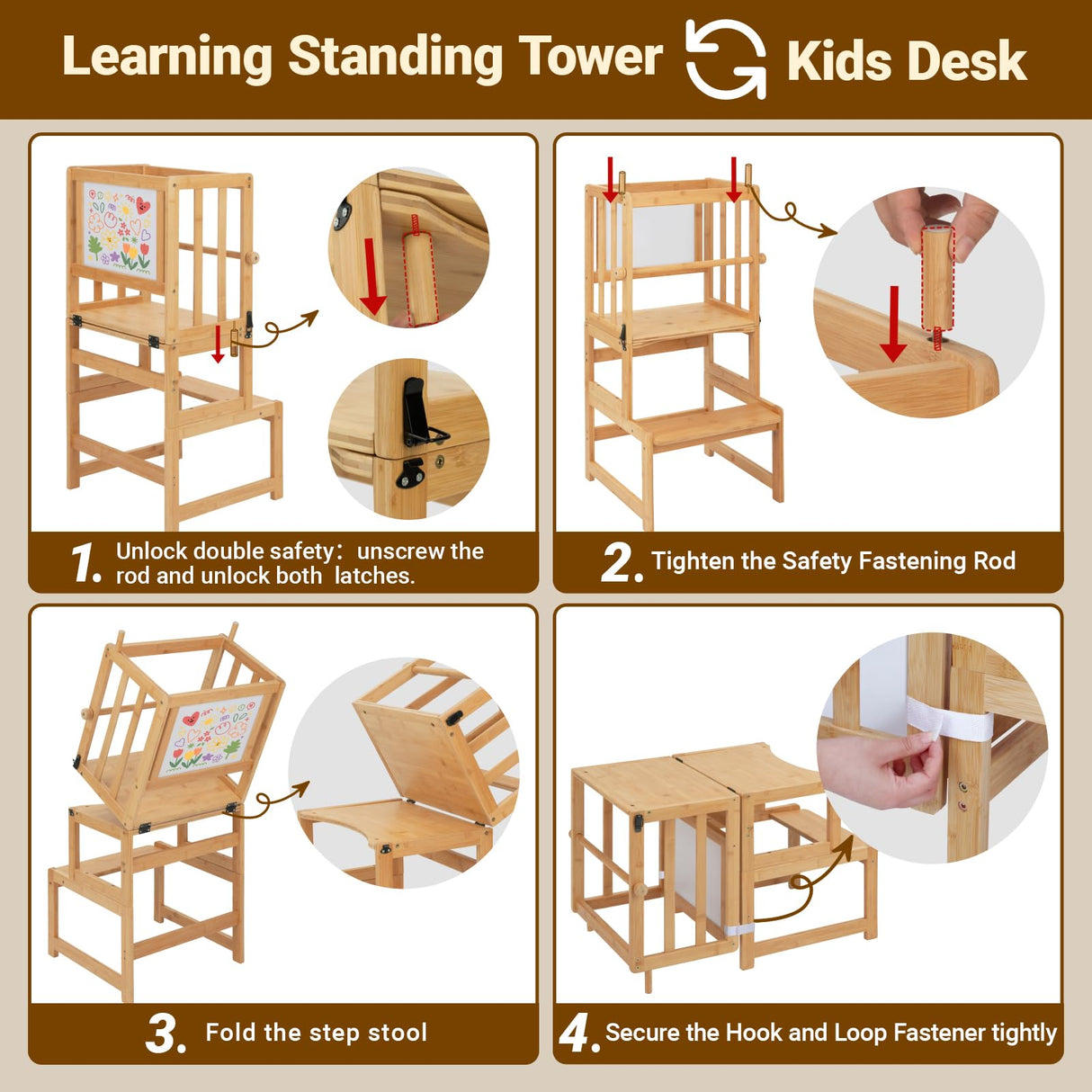 COSYLAND 3-in-1 Toddler Standing Tower with Whiteboard, Kids Kitchen Step Stool Convertible into Desk Table and Chair, Toddler Kitchen Stool Helper with CPC,SOR and CE Certified - Natural COSYLAND