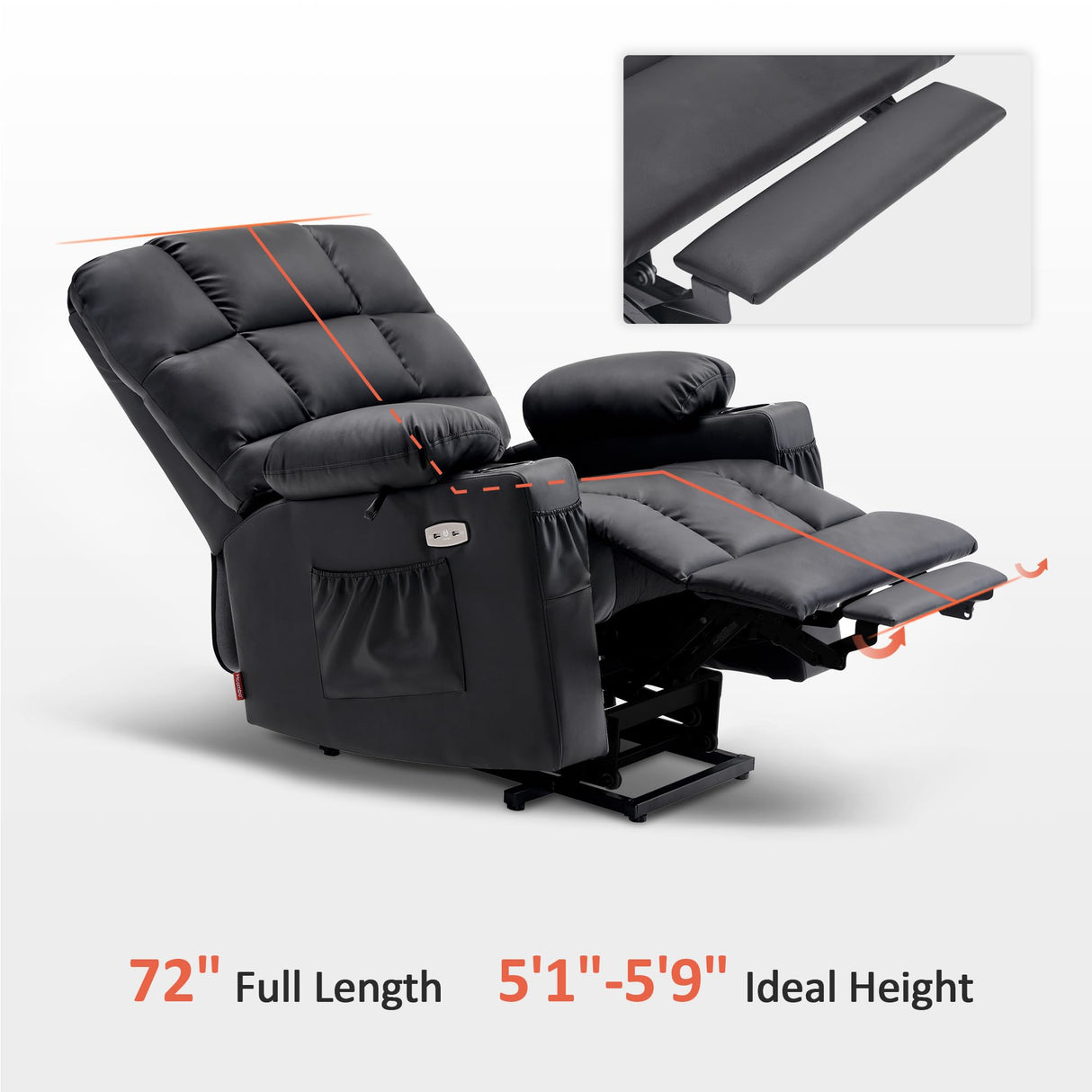 MCombo Medium Lay Flat Dual Motor Power Lift Recliner Chair Sofa with Massage and Heat for Elderly People, Infinite Position, Faux Leather 7679 (Black, Medium) MCombo