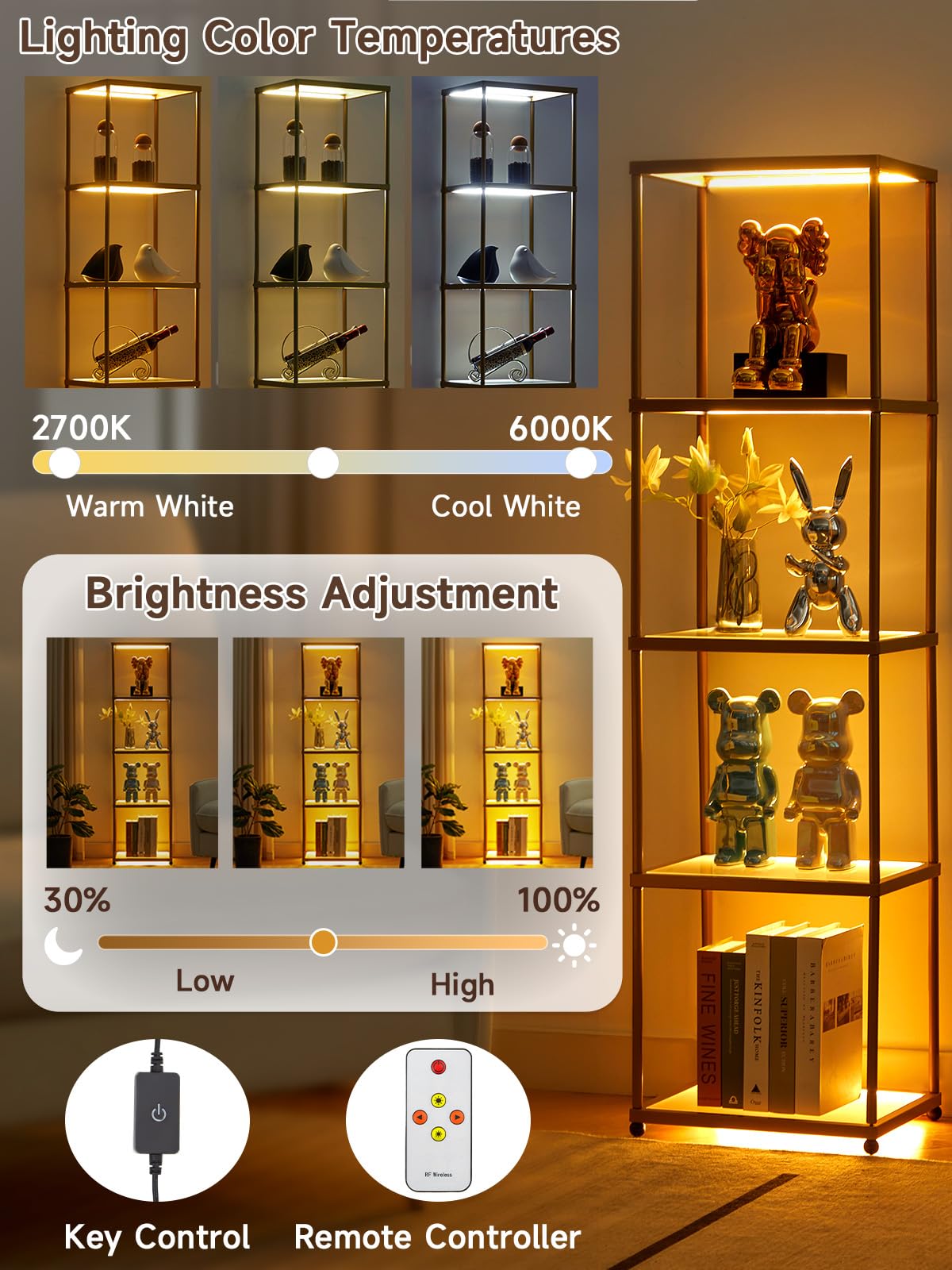 MANBUR Display Shelf with Dimmable LED Floor Lamp, Display Cabinet with Glass Bookcase, Home Decor, Bedroom Decor, Bookshelf with Light, Open Book Shelf with 5-Tier Shelf for Living Room Decor Gold MANBUR