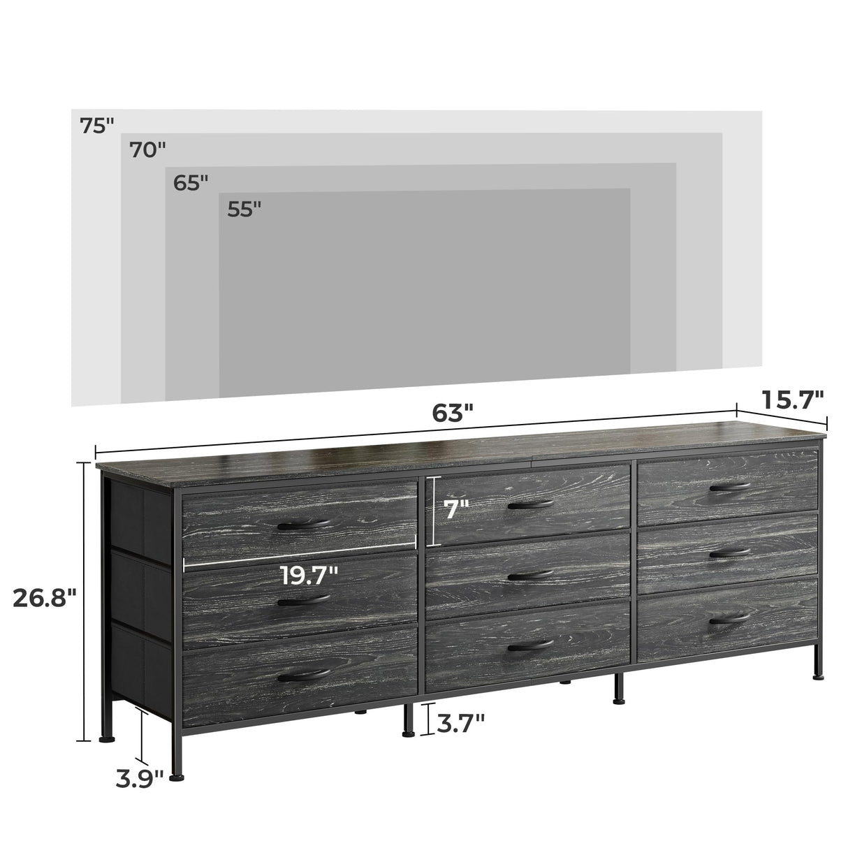 Huuger 9 Drawer Dresser, 63 Inch Dresser TV Stand for 55, 65, 70 Inch TV, Entertainment Center with Drawers, Large Long Fabric Dresser for Bedroom, Closet, Charcoal Black Wood Grain Print,8730D Huuger