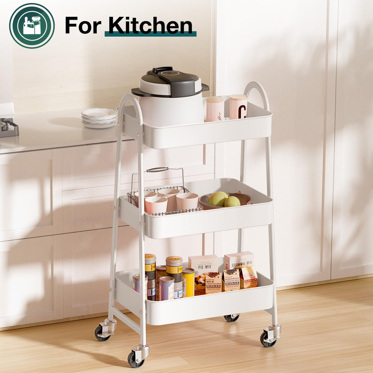 SMUG 3 Tier Rolling Cart - Metal Utility Carts on Lockable Caster Wheels, Mobile Storage Shelves Organizer for Livingroom, Bathroom, Kitchen, Bedroom & Narrow Places, White SMUG