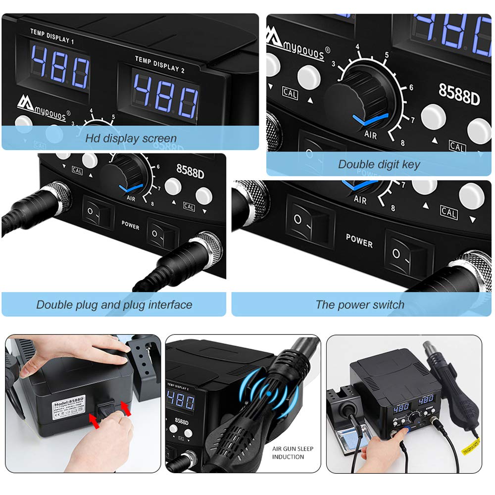 MYPOUOS 2 IN 1 750W LED Digital Soldering Station Hot Air Gun Rework Station Electric Soldering Iron For Phone PCB IC SMD BGA Welding SET 110V (8588D SET1) MYPOUOS
