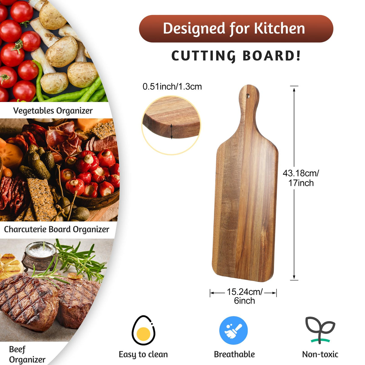 Rtteri 6 Pcs Acacia Wood Cutting Board Bulk Kitchen Thicken Chopping Board with Handles 17 x 6 Inch Wooden Charcuterie Serving Board Blank Wood Boards for Engraving Wedding Housewarming Gift Rtteri
