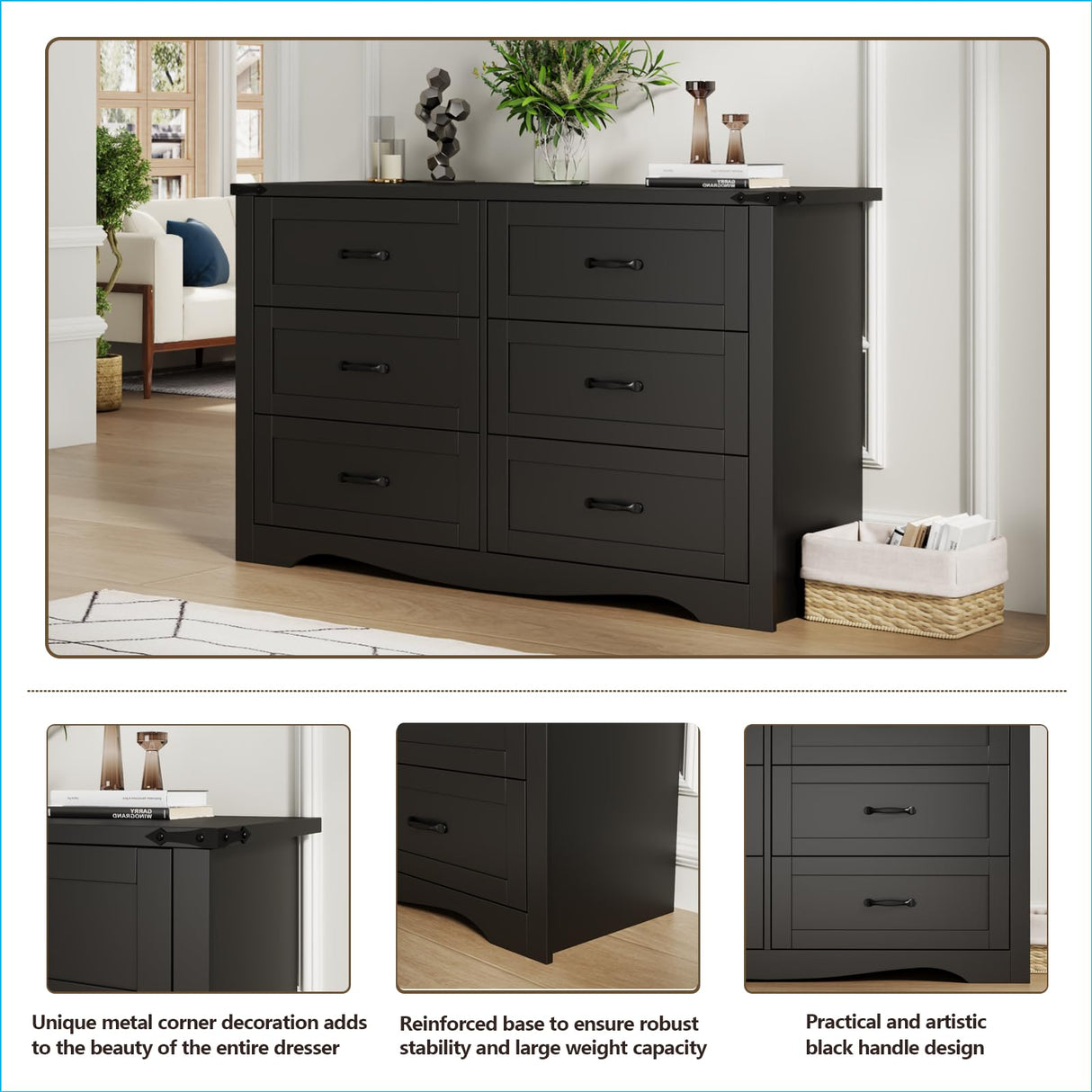 Loomie Farmhouse 6 Drawers Double Dresser for Bedroom, Modern White Dresser Chest of Drawers, Wide Dressers Organizer, Accent Storage Cabinet for Closet, Living Room, Hallway, Black Loomie