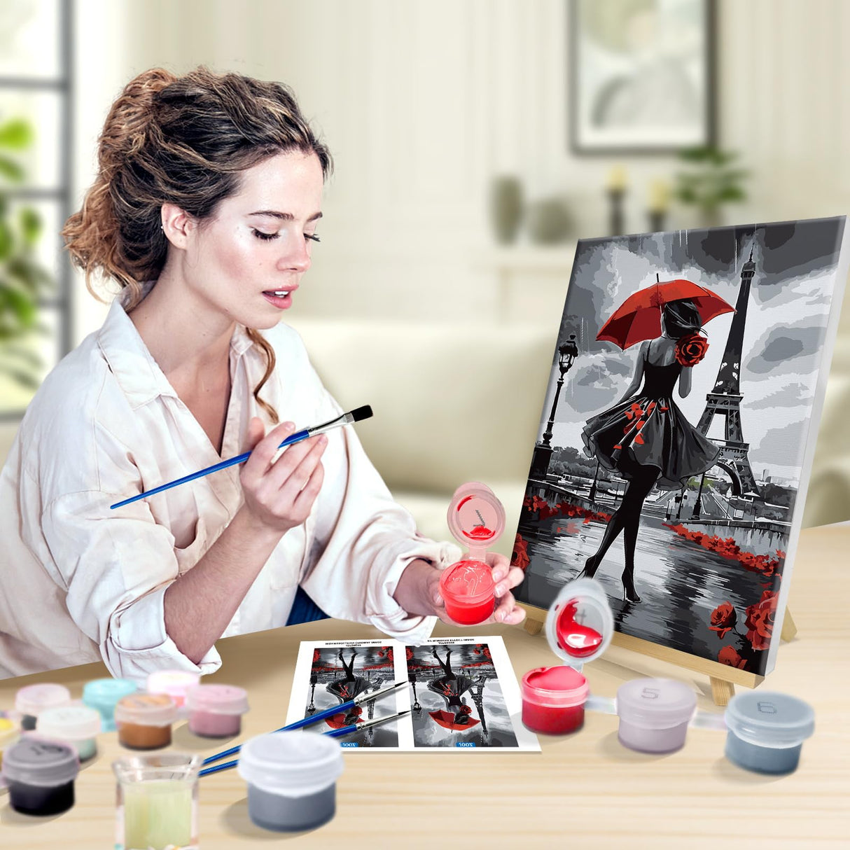 JOOZ Paint by Numbers Kit for Adults with Frame, Eiffel Tower Paint by Number with Easel, DIY Rose Woman Oil Painting by Numbers with Red Umbrella, Adult Paint by Number Kits for Wall Decor 8x12 Inch JOOZ