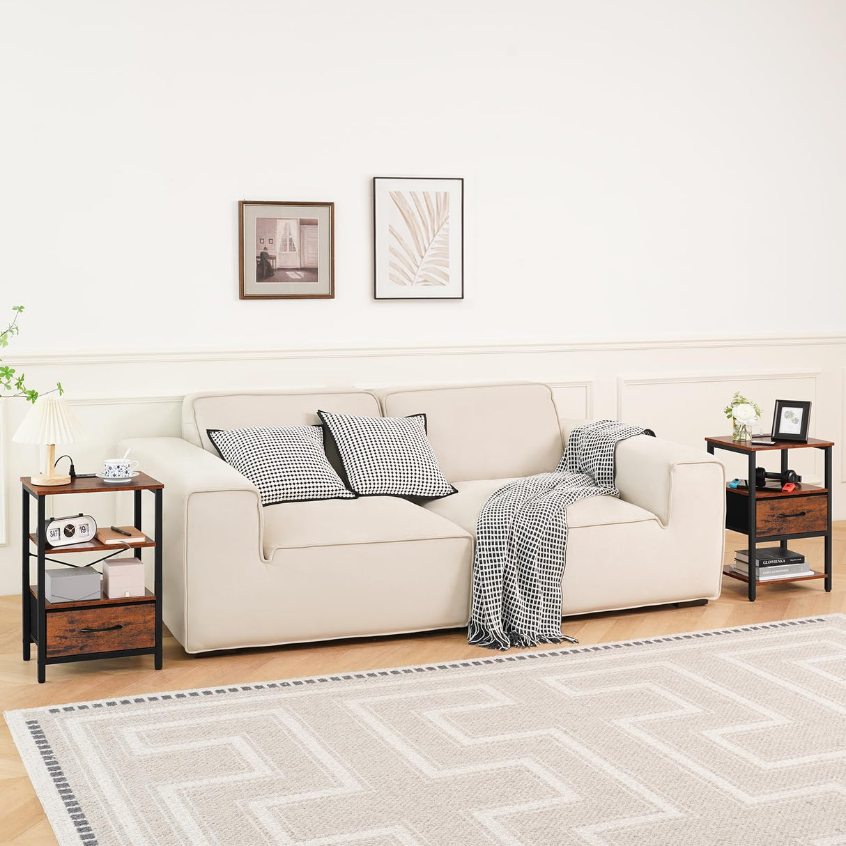 Yoobure Side Table with Storage, LED Night Stand with Charging Station, End Tables Living Room, Nightstand for Bedroom with Adjustable Fabric Drawer, 3-Tier Wood Bedside Table, Berry Brown Yoobure