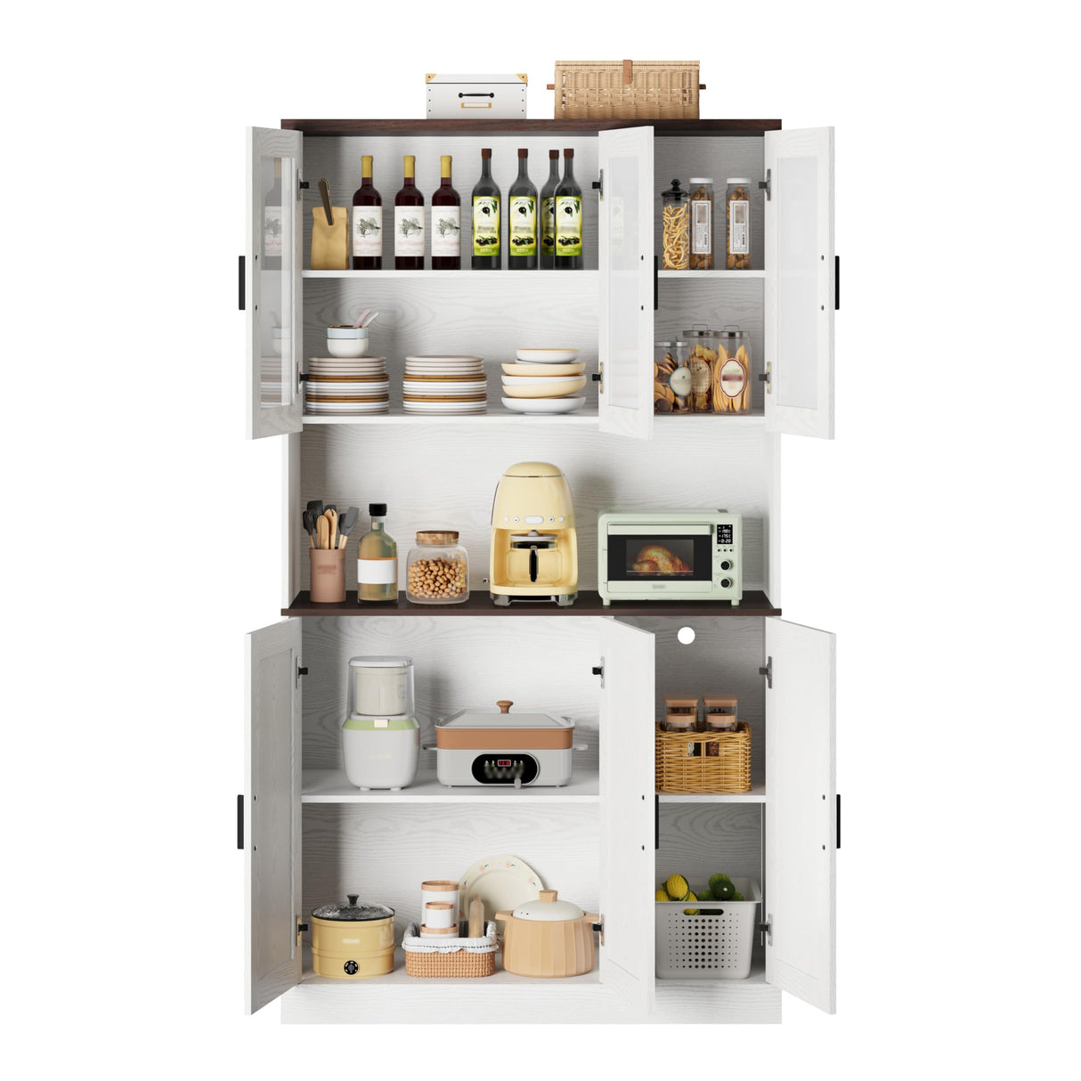 IRONCK 71" Tall Kitchen Pantry Cabinet with Microwave Shelf, White Hutch Cabinet with Storage Power Outlet, Food Pantry for Kitchen Dining Room IRONCK