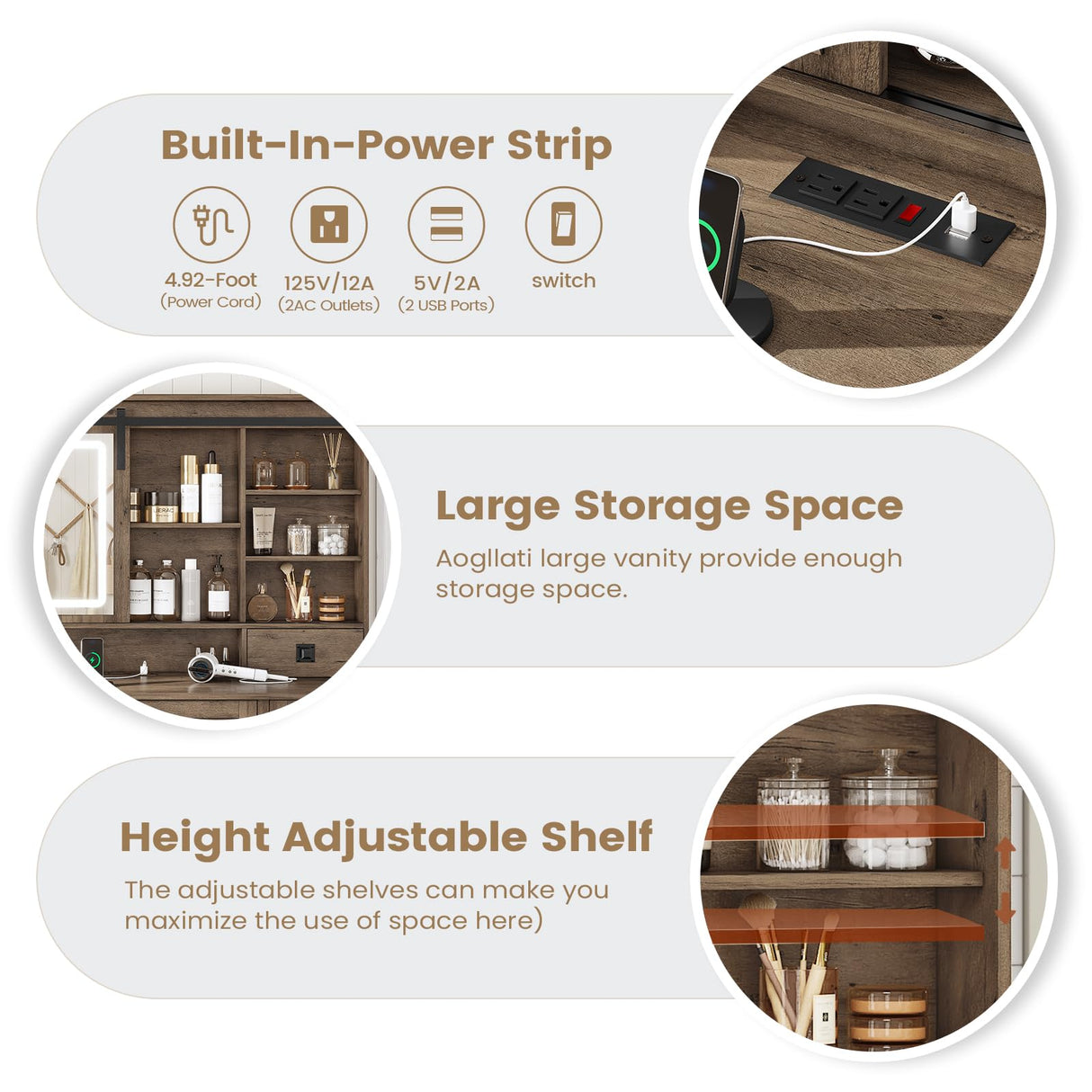 AOGLLATI Farmhouse Makeup Vanity Desk with Lights & Charging Station,Vanity Desk with Mirror and Lights, 47.2” Large Brown Vanity Table with Ample Storage Space and Sliding Mirror (Oak Brown) AOGLLATI
