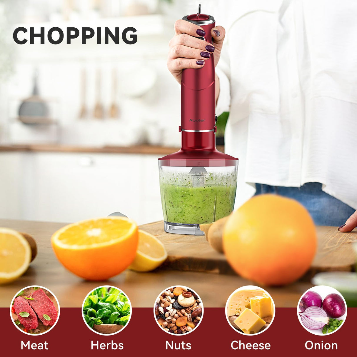 Immersion Blender 5 in 1 Hand Blender, Abuler 1000W Hand Mixer Stick,12 Speed Handheld Blender 304 Stainless Steel with 600ml Mixing Beaker, 500ml Chopper, Whisk and Milk Frother for Soup, Baby Food Abuler
