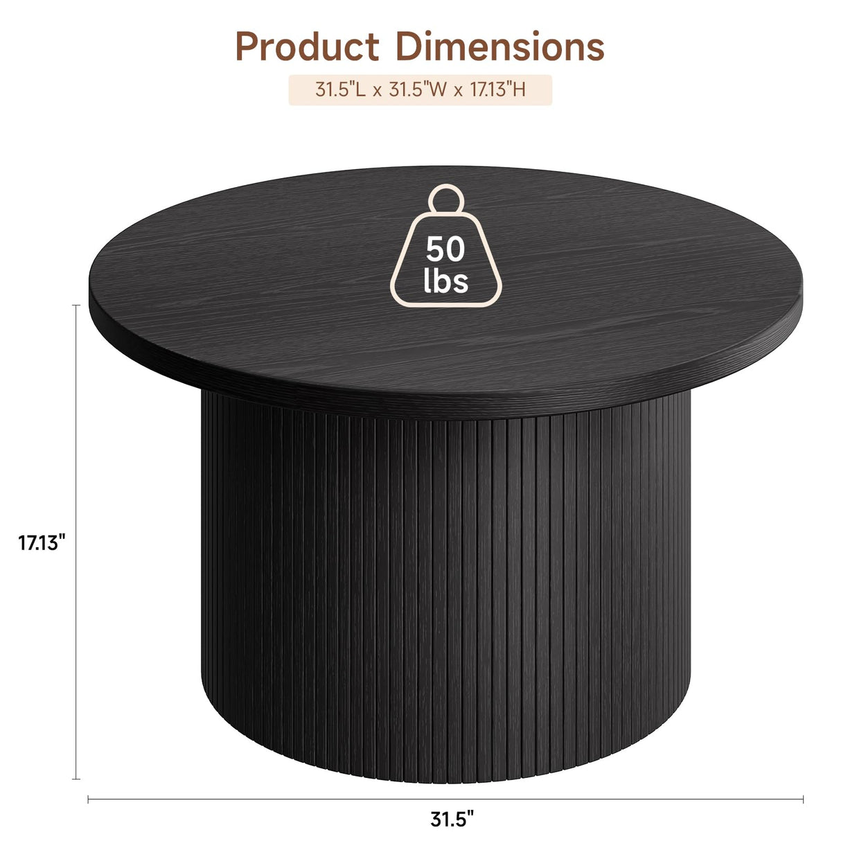 ONBRILL 31.5" Round Coffee Table, Tambour Design Coffee Tables for Living Room, Mid Century Modern Wood Coffee Table, Drum Accent Small Center Table, Black ONBRILL