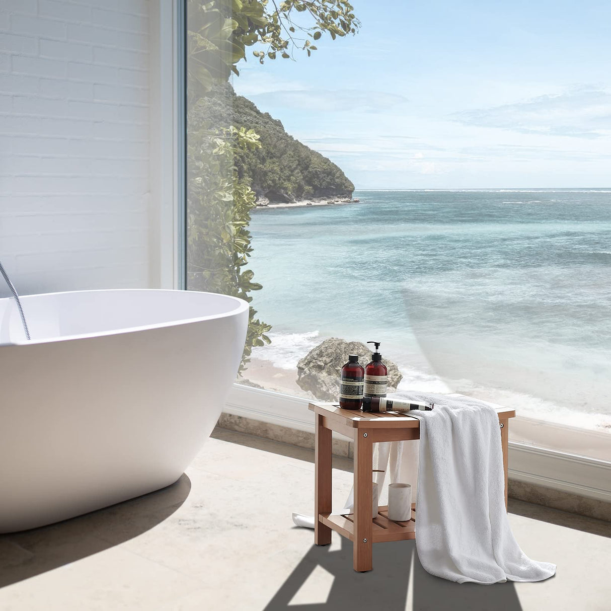 Psilvam Poly Lumber Shower Bench, Shower Stool with Storage Shelf, Water Resistant & Non-Slip Design Shower Seat for Bathroom, Living Room, Bedroom 21 1/4"×14"×18 1/2"(Teak Color) Psilvam