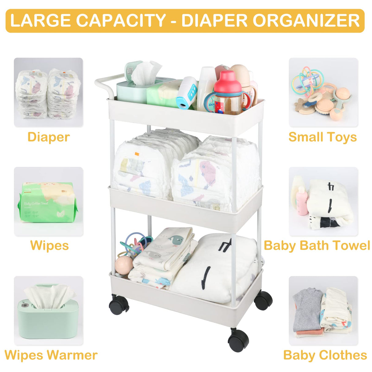 Volnamal Baby Diaper Caddy, Plastic Movable Cart for Newborn Nursery Essentials Diaper Storage Caddy Organizer for Changing Table & Crib, Easy to Assemble, Beige Volnamal
