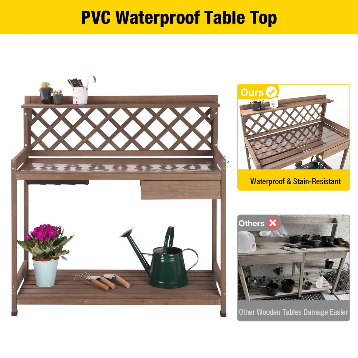 Aivituvin Potting Bench Outdoor with PVC Layer Wooden Planting Table with Sink & Lid Gardening Work Bench with Drawer, Shelf, Hook Aivituvin