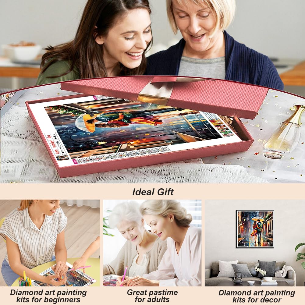 SJUTOUCI Couple in Rain Diamond Painting Kits for Adults, Diamond Art for Beginners, 5D Round Diamond Dots Gem Craft Art Home Wall Decor12x12 inch, Valentine's Day SJUTOUCI