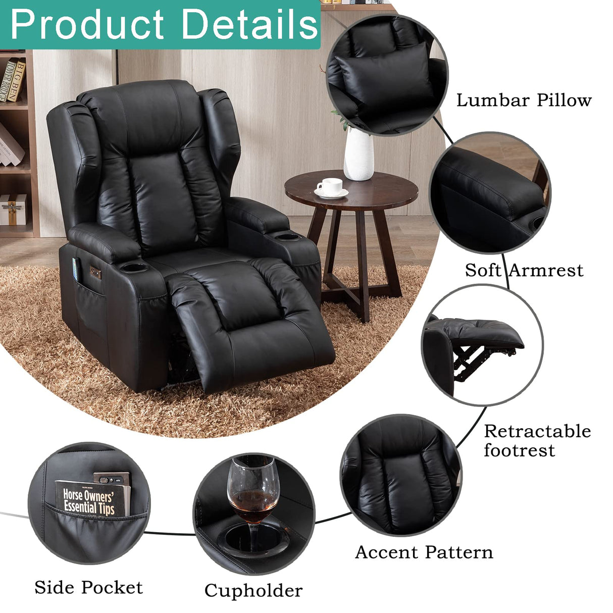 3PC Power Recliner Chair Set of 3 with Massage and Heat - Home Theater Seating Seats with LED Lights, Game Movie Theater Recliner Sofa Chairs for Living Room Reclining Chair with Cup Holder/USB SAMERY