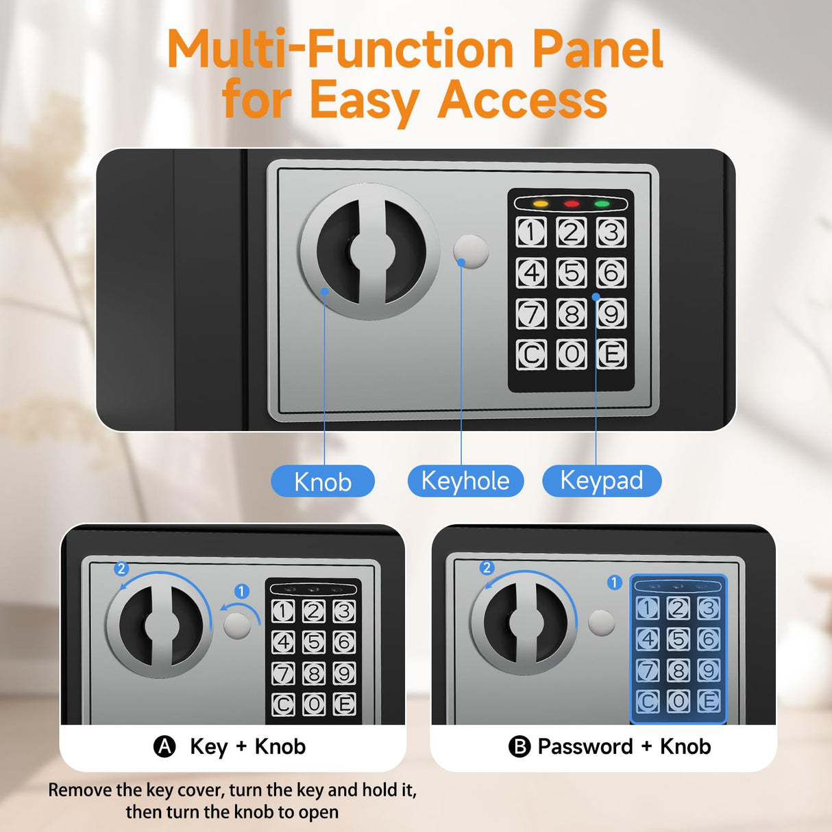 Goldenkey Home Safe for Money, Digital Small Money Safe for Cash and Coin, Kids Safe Bank with Keys&Code, Mini Safe Box for Home, 6.69"D x 9.05"W x 6.69"H, 0.236 Cu.Ft. GOLDENKEY