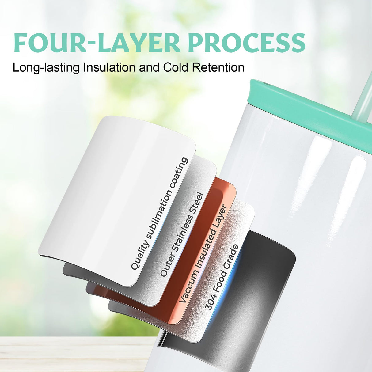 FECBK 40oz Sublimation Tumbler with Handle and Straw, Leak-Proof Insulated Tumblers Bulk Keeps Cold for 34 Hours, Stainless Steel Double Wall Vacuum Insulated Sublimation Blank, Mint, 4 Pack FECBK