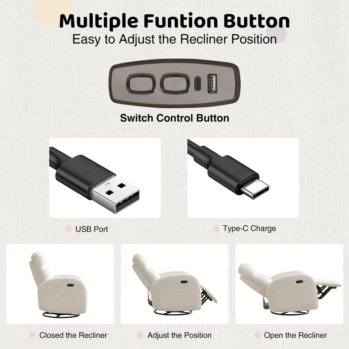 Power Nursery Glider Recliner, Chenille Electric Rocker Recliner with Type-C & USB Port, Nursery Swivel Rocker Recliners with Double Pockets for Adult, Cream White AEMEIOS