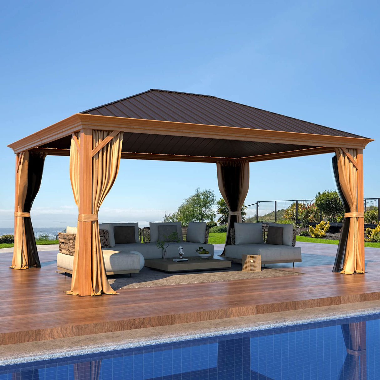 MELLCOM 12'x16' Hardtop Gazebo, Wood Looking Patio Gazebo with Aluminum Frame and Single Galvanized Steel Roof, Metal Outdoor Gazebo with Curtains and Nettings for Deck Backyard and Patio MELLCOM