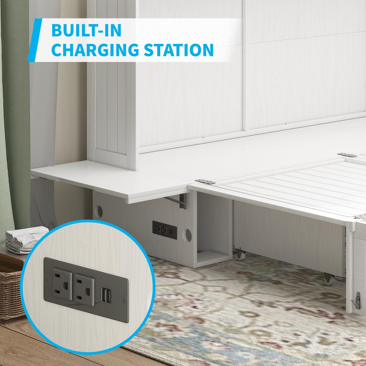 Mjkone Murphy Bed Cabinet, Queen Murphy Bed with Tri-Fold Mattress and USB Charging Station, Space-Saving Cube Beds with 2 Large Drawers for Living Room Guest Room Bedroom -White Mjkone