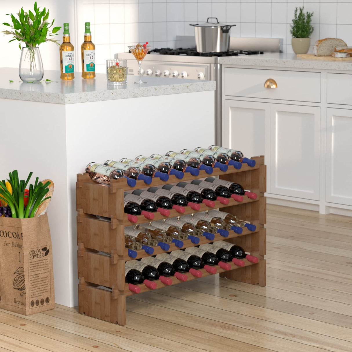 Domax Wine Rack Freestanding Floor - 4 Tiers Stackable Wine Rack 36 Bottle Wine Bottle Holder, Bamboo Wine Holder Wine Storage for Kitchen, Bar, Pantry, Wine Cellar and Countertop (Walnut) Domax